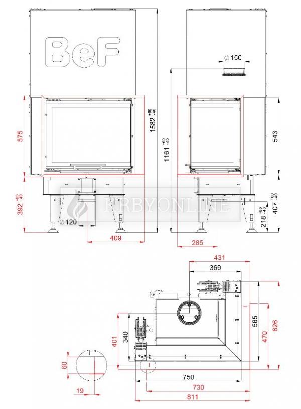 BeF Therm V 7 CP rohová krbová vložka s výsuvnými dvierkami krbyonline