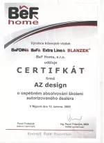 BeF Home certifikát - Autorizovaný dealer - AZ DESIGN - Tibor Chudoba krbyonline