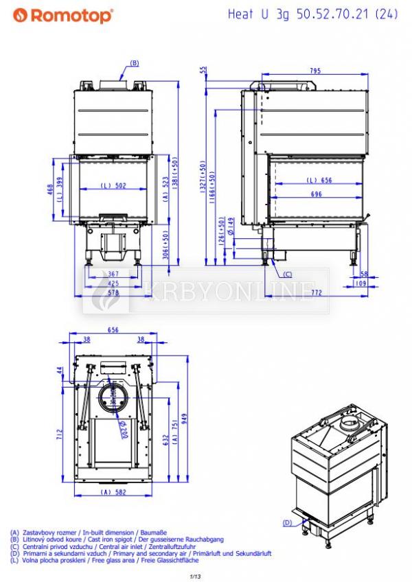 Romotop Heat U 3g L 50.52.70.21 oceľová, teplovzdušná, trojstranná krbová vložka s výsuvnými dvierkami krbyonline, krb, krby, kozub
