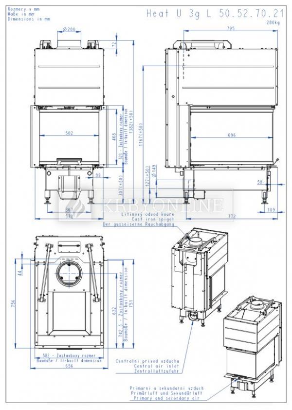 Romotop Heat U 3g L 50.52.70.21 oceľová, teplovzdušná, trojstranná krbová vložka s výsuvnými dvierkami krbyonline, krb, krby, kozub