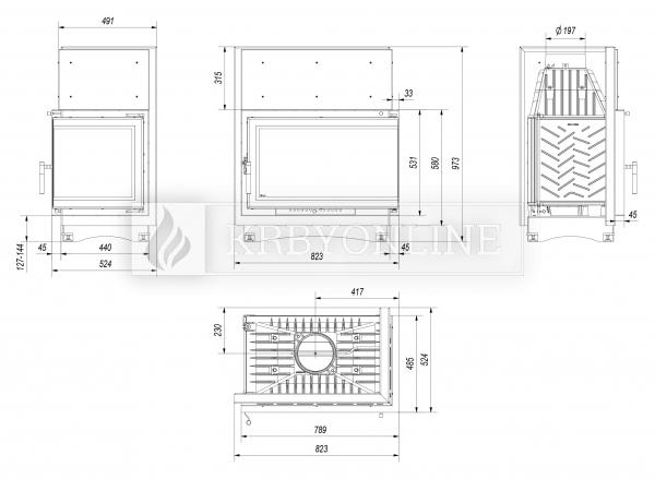 Kratki Oliwia P BS DECO teplovzdušná krbová vložka pravé bočné presklenie DECO sklo krbyonline