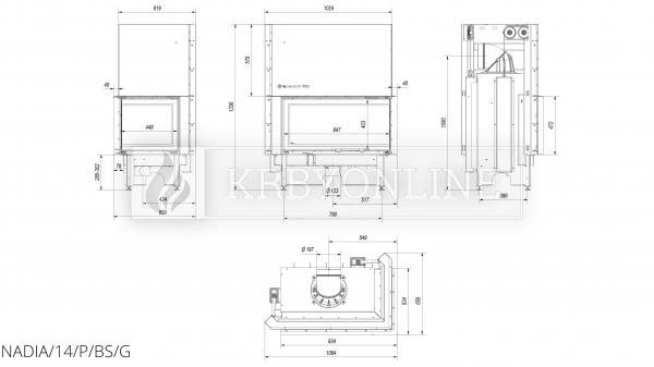 Kratki NADIA 14 P BS G krbová vložka s výsuvnými dvierkami rohová pravá krbyonline