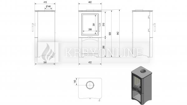 Kratki KOZA K5 teplovzdušné oceľové krbové kachle na podstavci s boxom krbyonline