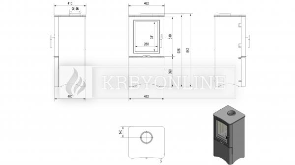 Kratki KOZA K5 teplovzdušné oceľové krbové kachle na podstavci s uzamykateľným boxom krbyonline