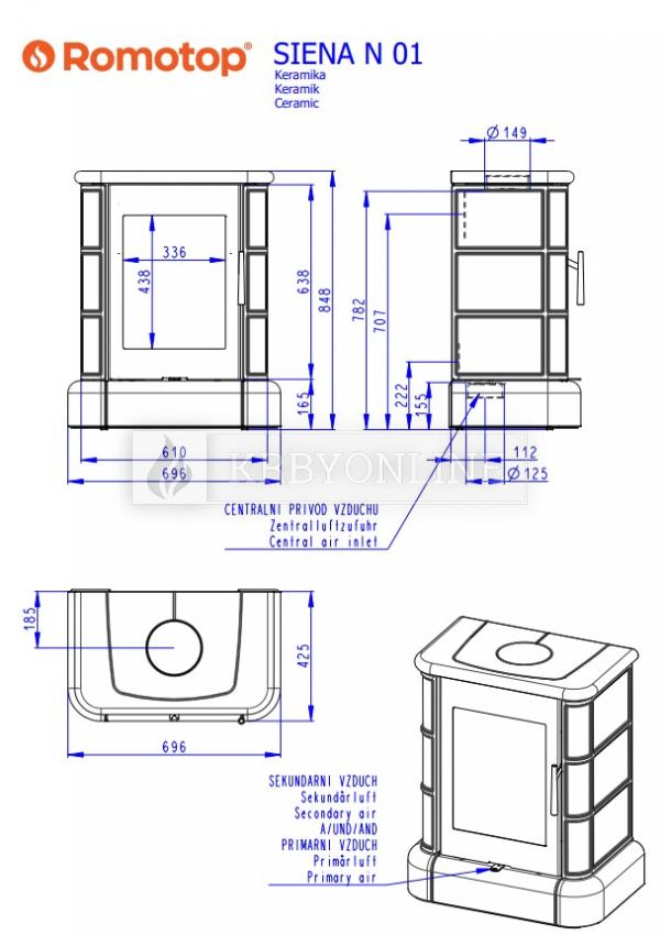 Romotop Siena N 01 celokeramické krbové kachle so šamotovými tvarovkami krbyonline